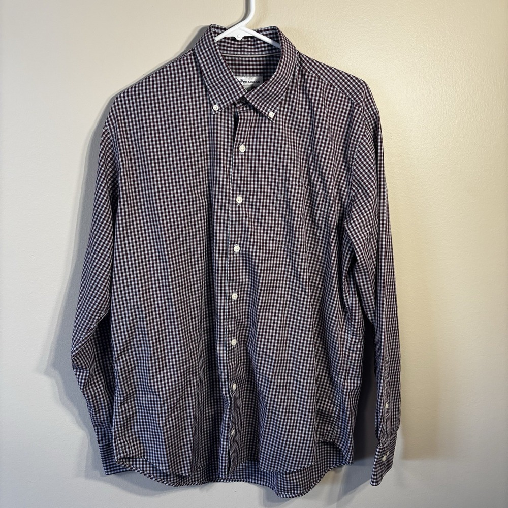 Peter Millar Button Down Shirt Men's Large Maroon/Blueish Plaid LS Performance